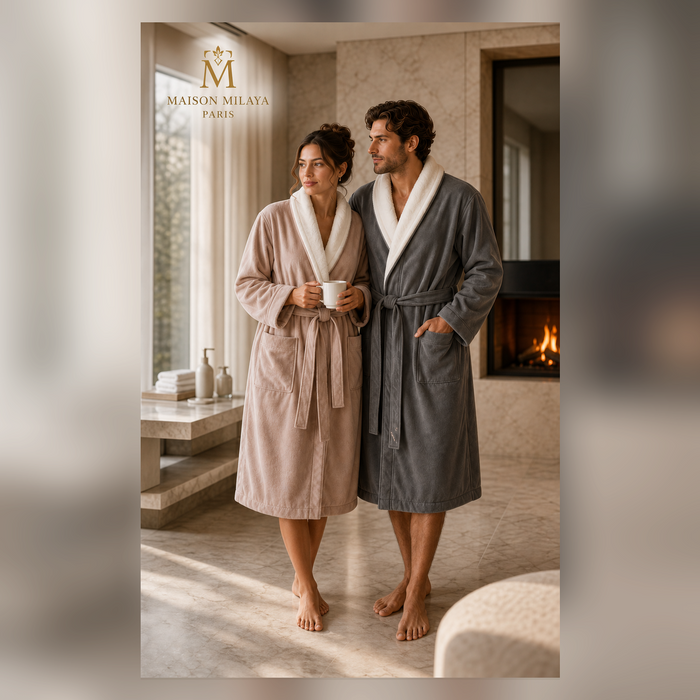 Pareja con albornoces cortos de terciopelo Maison Milaya en Champagne y Gris Premium