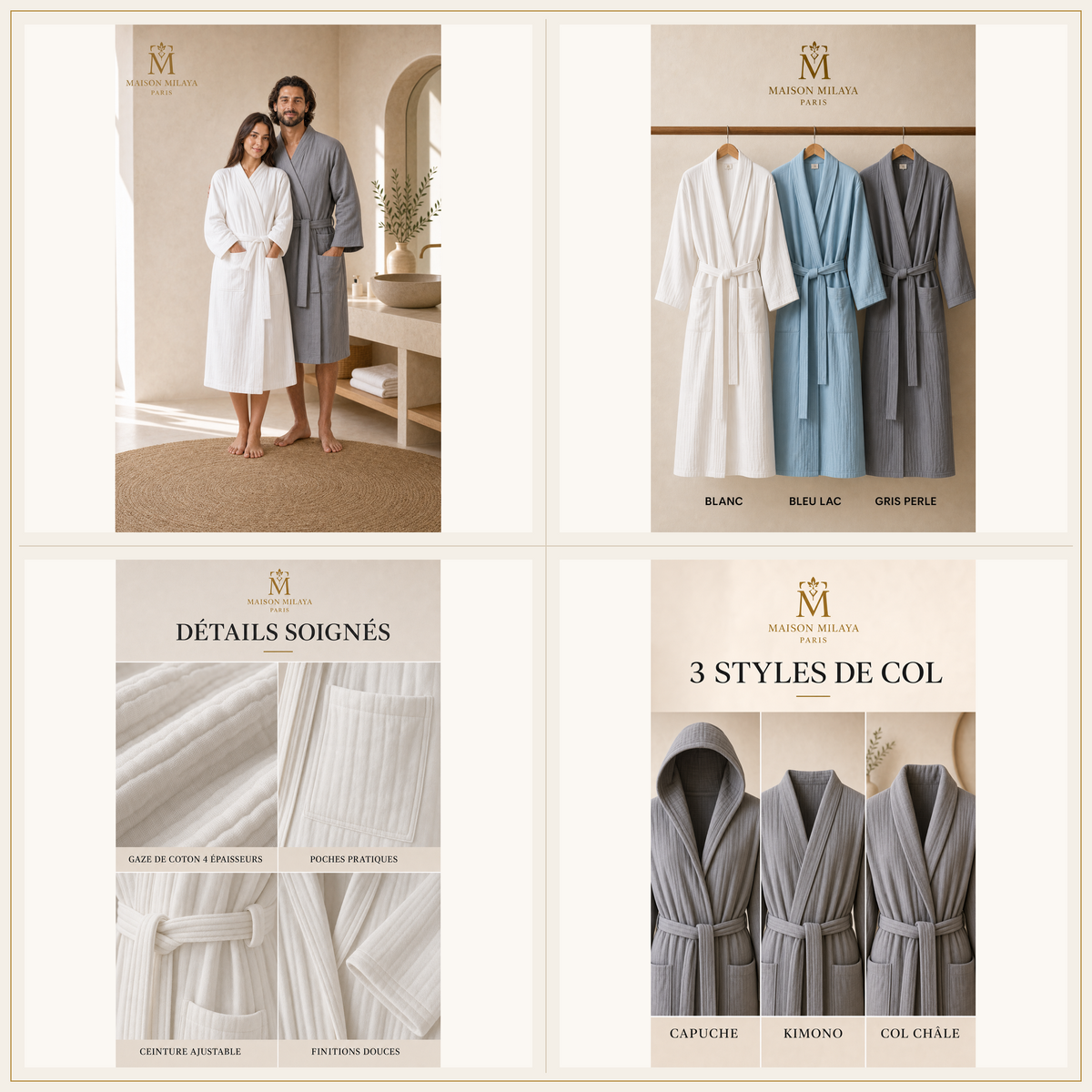 Bademantel aus Baumwollgaze Maison Milaya — Paar, Farben, Details und Kragenformen