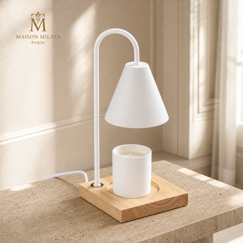 Lampe chauffe-bougie minimaliste blanc mat, base chêne clair – Maison Milaya Paris