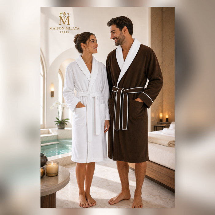 Pareja con albornoces Palace Maison Milaya en Blanco Clásico y Marrón Cacao